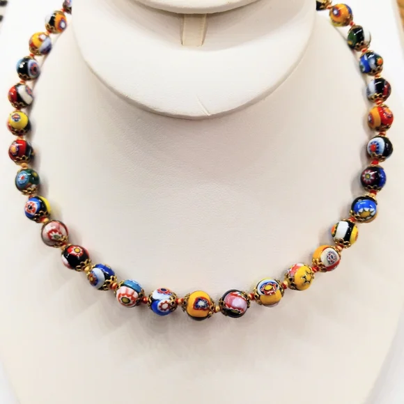 Millefiori Glass Bead Colorful Necklace Hand strung Vintage - Picture 2 of 5